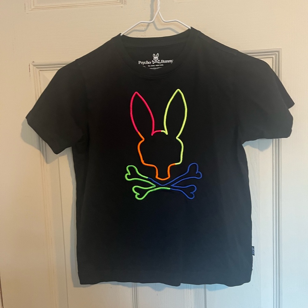 Psycho Bunny Kids Black Tee with Neon Bunny Design